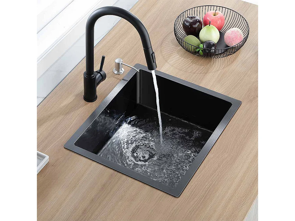 AURALUM MAX Évier Noir 1 Bac 50x43x18,5CM,avec Distrubuteur de savon