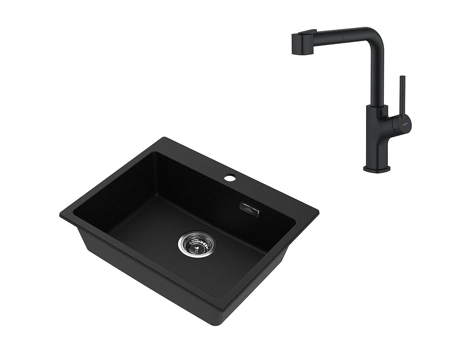 AuraLum MAX 1 Bac Évier Cuisine en Granit,55*45*20cm,Kit de Vidage,Noir+Robinet de Cuisine Noir avec Douchette Extractible