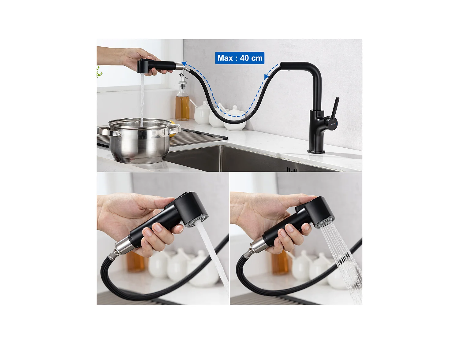 AuraLum MAX 1 Bac Évier Cuisine en Granit,55*45*20cm,Kit de Vidage,Noir+Robinet de Cuisine Noir avec Douchette Extractible