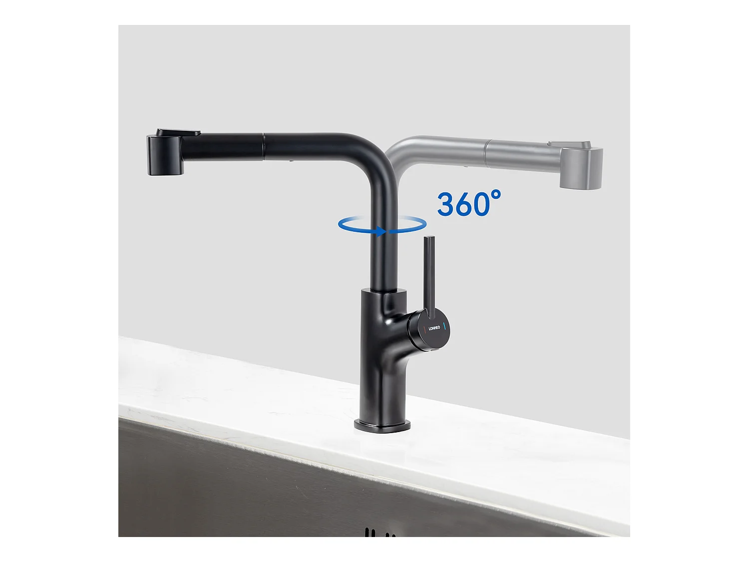 AuraLum MAX 1 Bac Évier Cuisine en Granit,55*45*20cm,Kit de Vidage,Noir+Robinet de Cuisine Noir avec Douchette Extractible