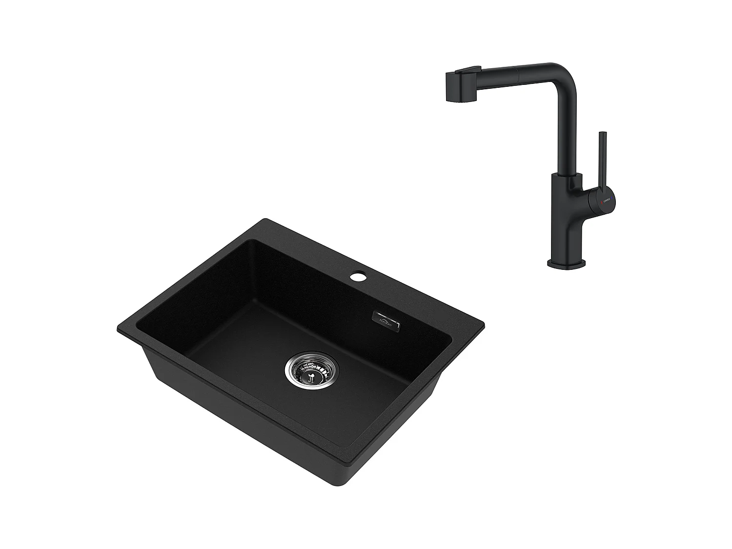 AuraLum MAX 1 Vaschetta Lavello Cucina in Granito,55*45*20cm,Kit diSvuotamento, nero+rubinetto da cucina nero con doccia estraibile
