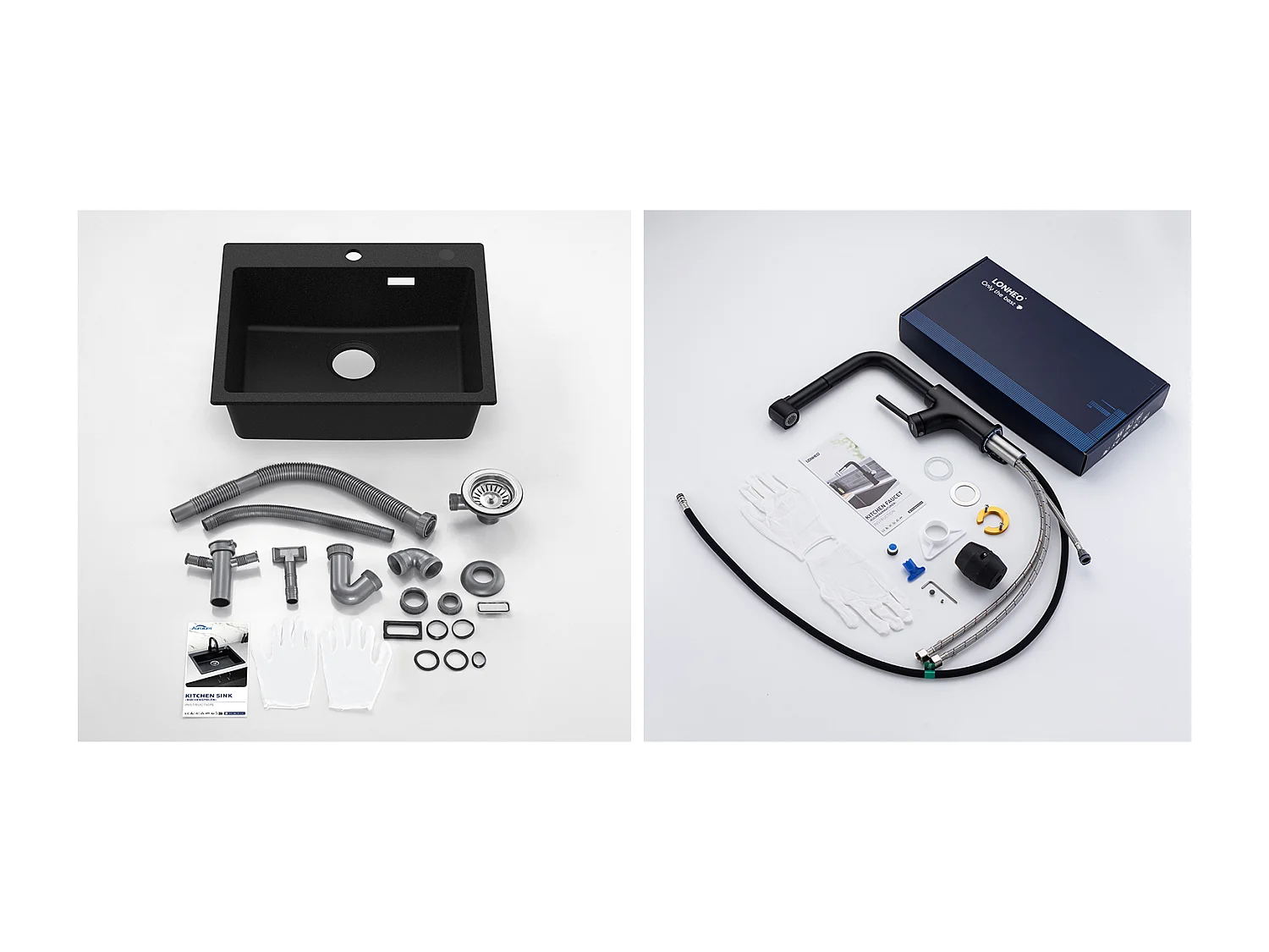 AuraLum MAX 1 Granieten Gootsteenbak, 55*45*20cm, Afvoerset, Zwart + Zwarte Keukenkraan met Uittrekbare Handdouche