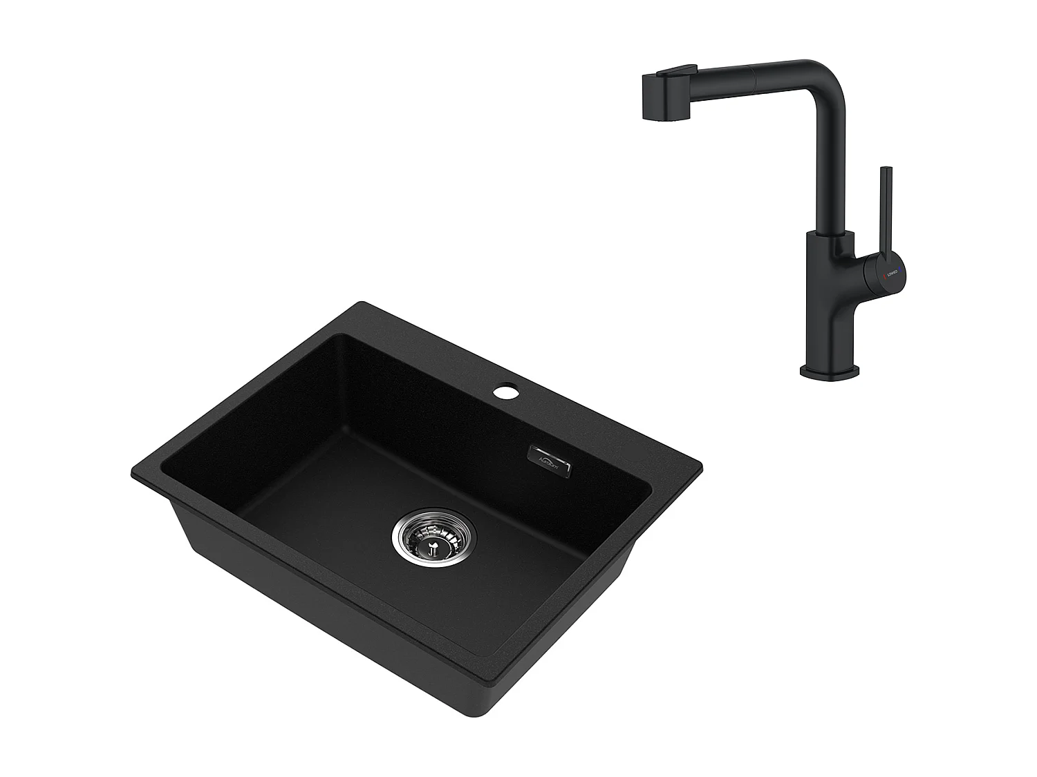 AuraLum MAX 1 Bac Évier Cuisine en Granit,55*45*20cm,Kit de Vidage,Noir+Robinet de Cuisine Noir avec Douchette Extractible