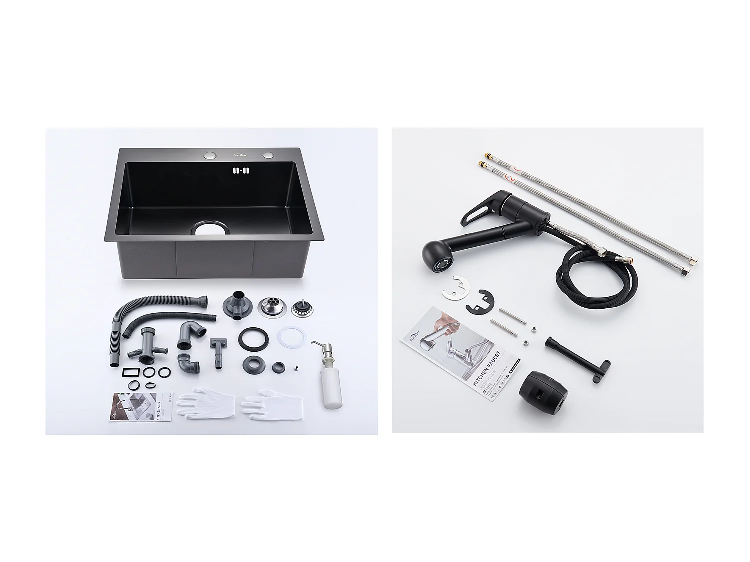 Évier Cuisine 1 Bac 55*45CM Noir+Robinet de Cuisine Noir avec Douchette Extractible 2 Jets à 360° en Laiton, L'eau Froide et Chaude