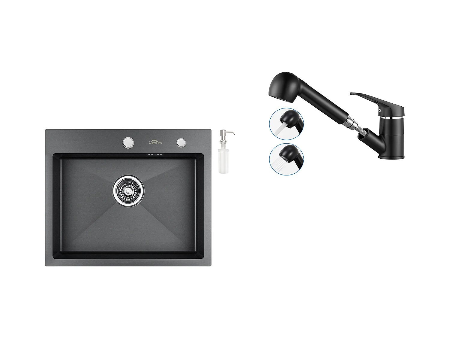 Évier Cuisine 1 Bac 55*45CM Noir+Robinet de Cuisine Noir avec Douchette Extractible 2 Jets à 360° en Laiton, L'eau Froide et Chaude
