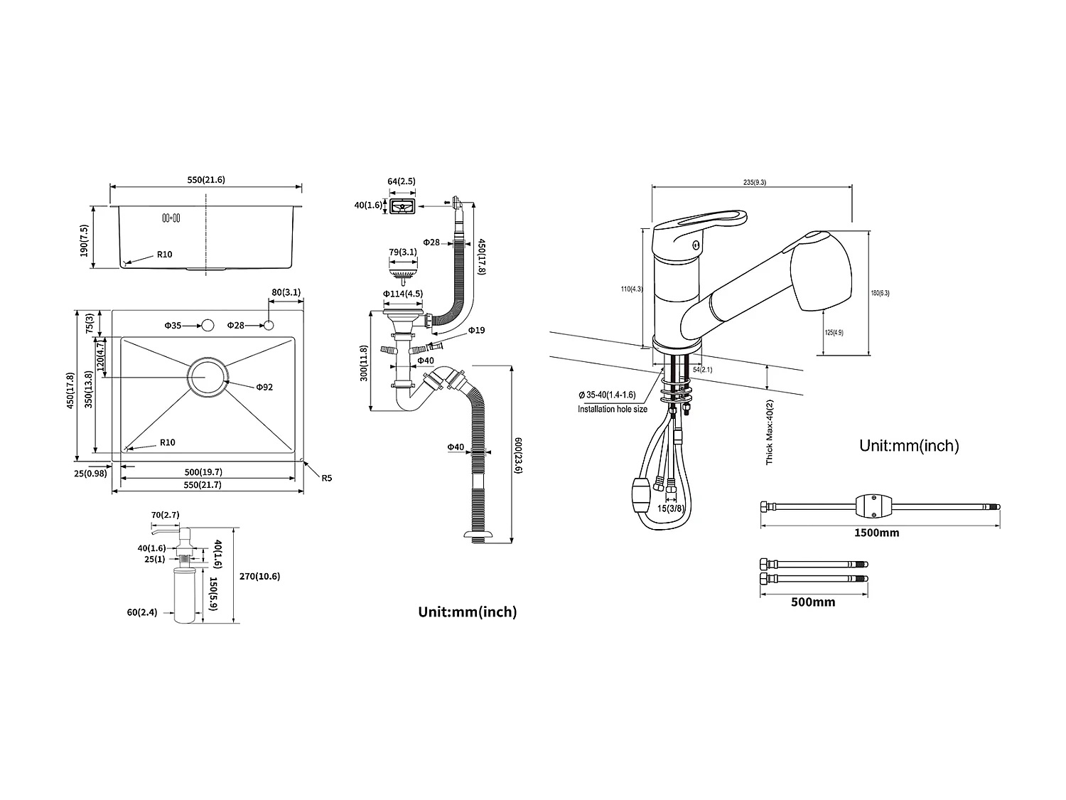 Évier Cuisine 1 Bac 55*45CM Noir+Robinet de Cuisine Noir avec Douchette Extractible 2 Jets à 360° en Laiton, L'eau Froide et Chaude
