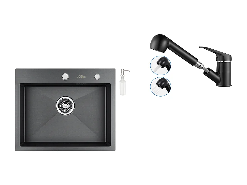 Fregadero Cocina 1 Bandeja 55*45CM Negro+RObinet de Cocina Negro con Ducha Extraíble 2 Jets de 360° en Latón, Agua Fría y Caliente