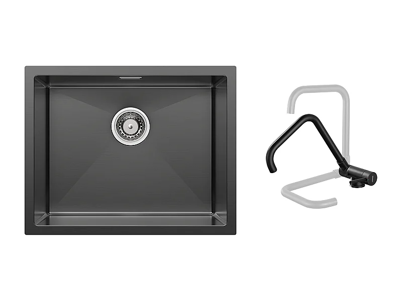 Fregadero de Cocina 1 Bandeja 55*44*19CM, Empotrable/Flor/ Sub-Plan, Negro +Mezclador Cocina Plegable Girante 360° Agua Fría Caliente,Negro