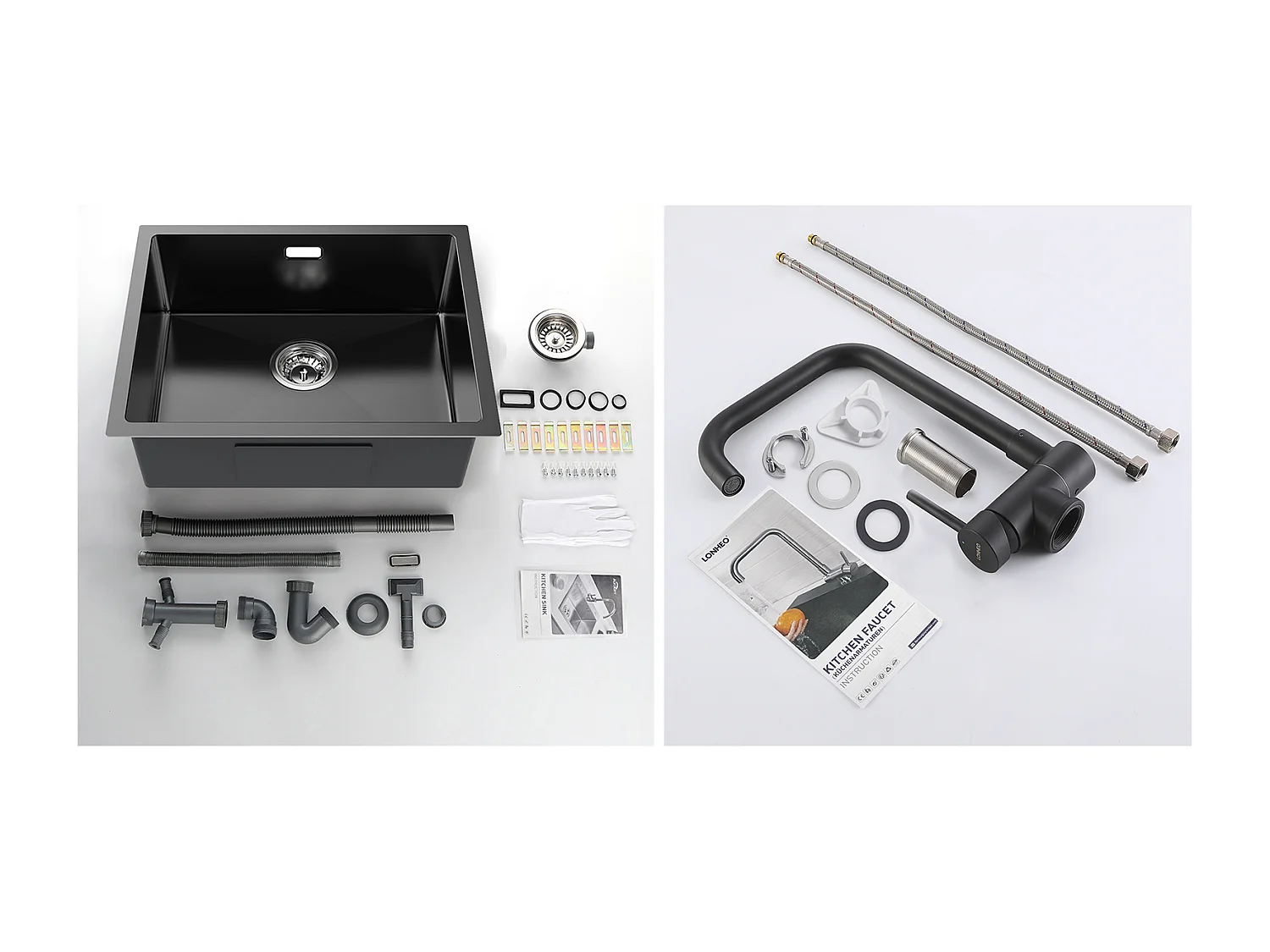 2 en1 Évier de Cuisine 1 Bac 55*44*19CM, à Encastrer/Fleur/ Sous-Plan, Noir +Mitigeur Cuisine Rabattable Pivotant 360° Eau froid Chaud,Noir