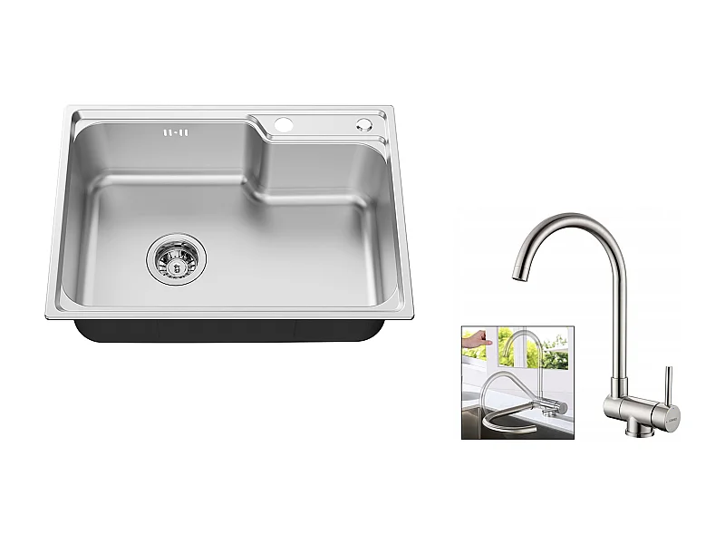 Auralum Max Évier Cuisine 1 Bac 62*45*21CM,en Inox PVD Nano Vasque à Poser,Argent+Mitigeur Cuisine Rabattable Pivotant 360° Eau froide Chaude