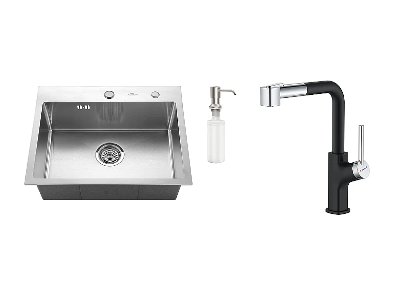 Fregadero Cocina 1 Contenedor 55*45CM Fregadero Empotrado y de Colocar con Dispensador de Jabón + Grifo de Cocina Inox Extraíble