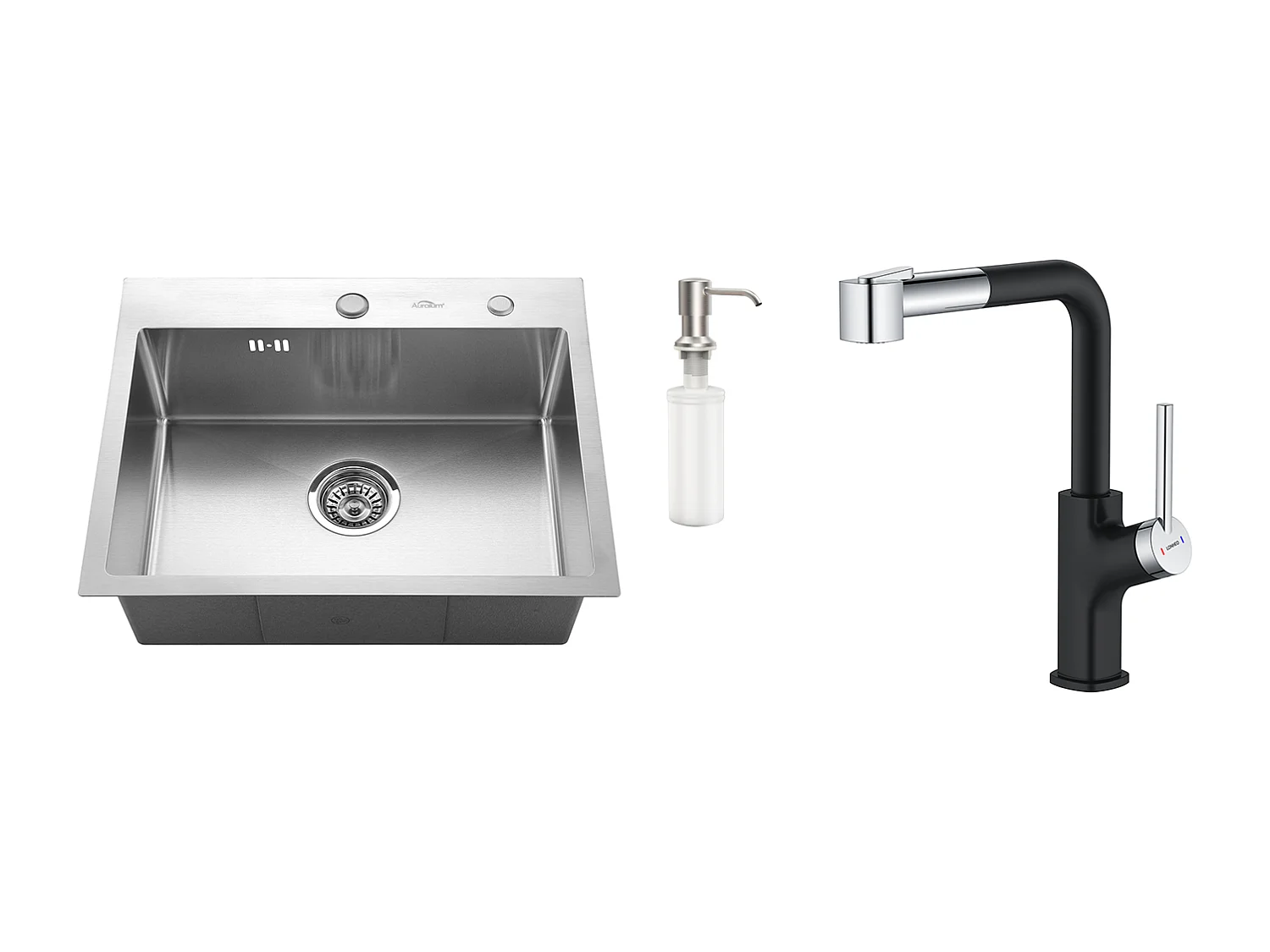 Évier Cuisine 1 Bac 55*45CM Évier Encastré et à Poser avec Distributeur de Savon + Robinet de Cuisine Inox Extractible Rotatif à 360 ° 