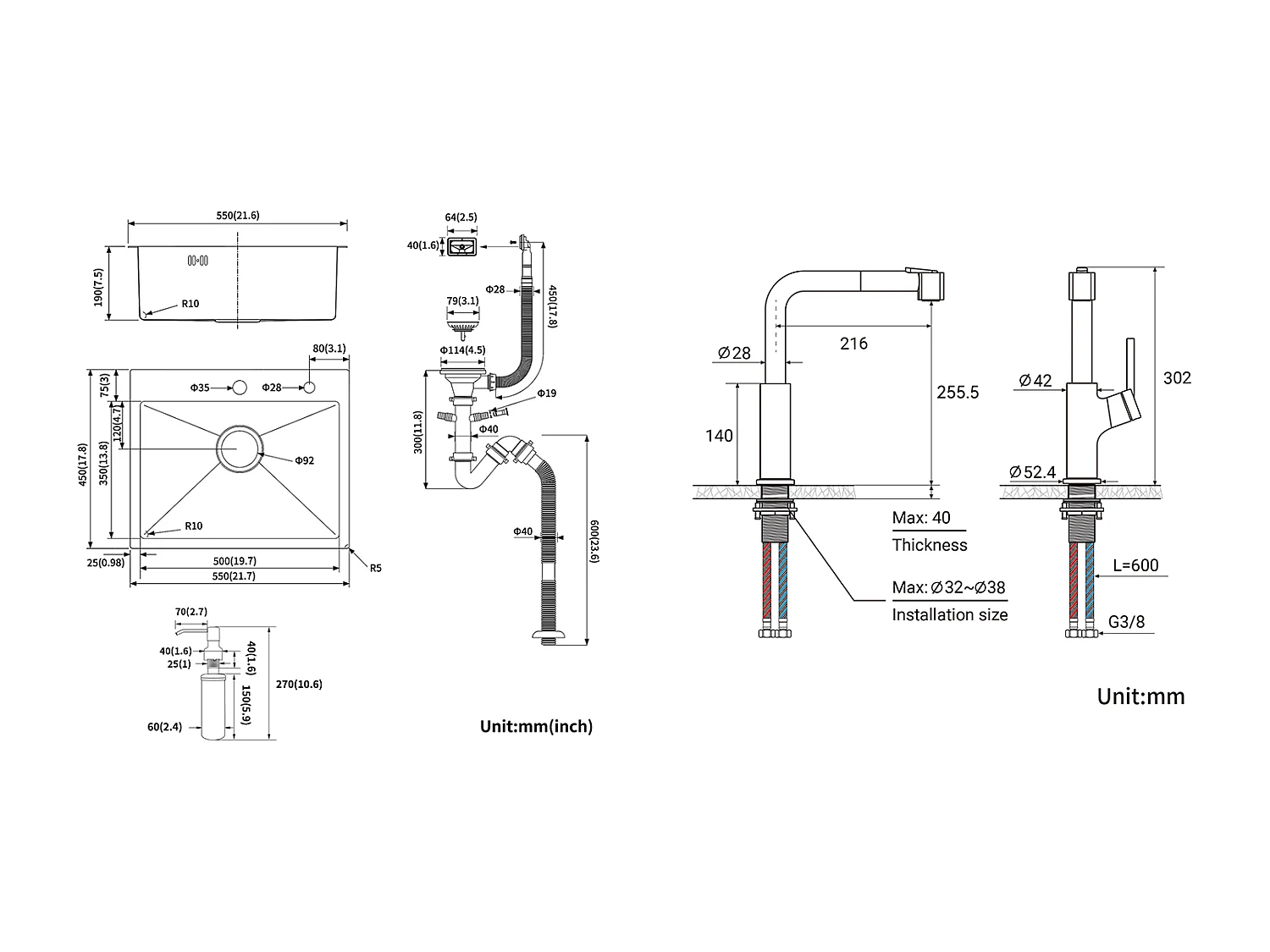 Évier Cuisine 1 Bac 55*45CM Évier Encastré et à Poser avec Distributeur de Savon + Robinet de Cuisine Inox Extractible Rotatif à 360 ° 
