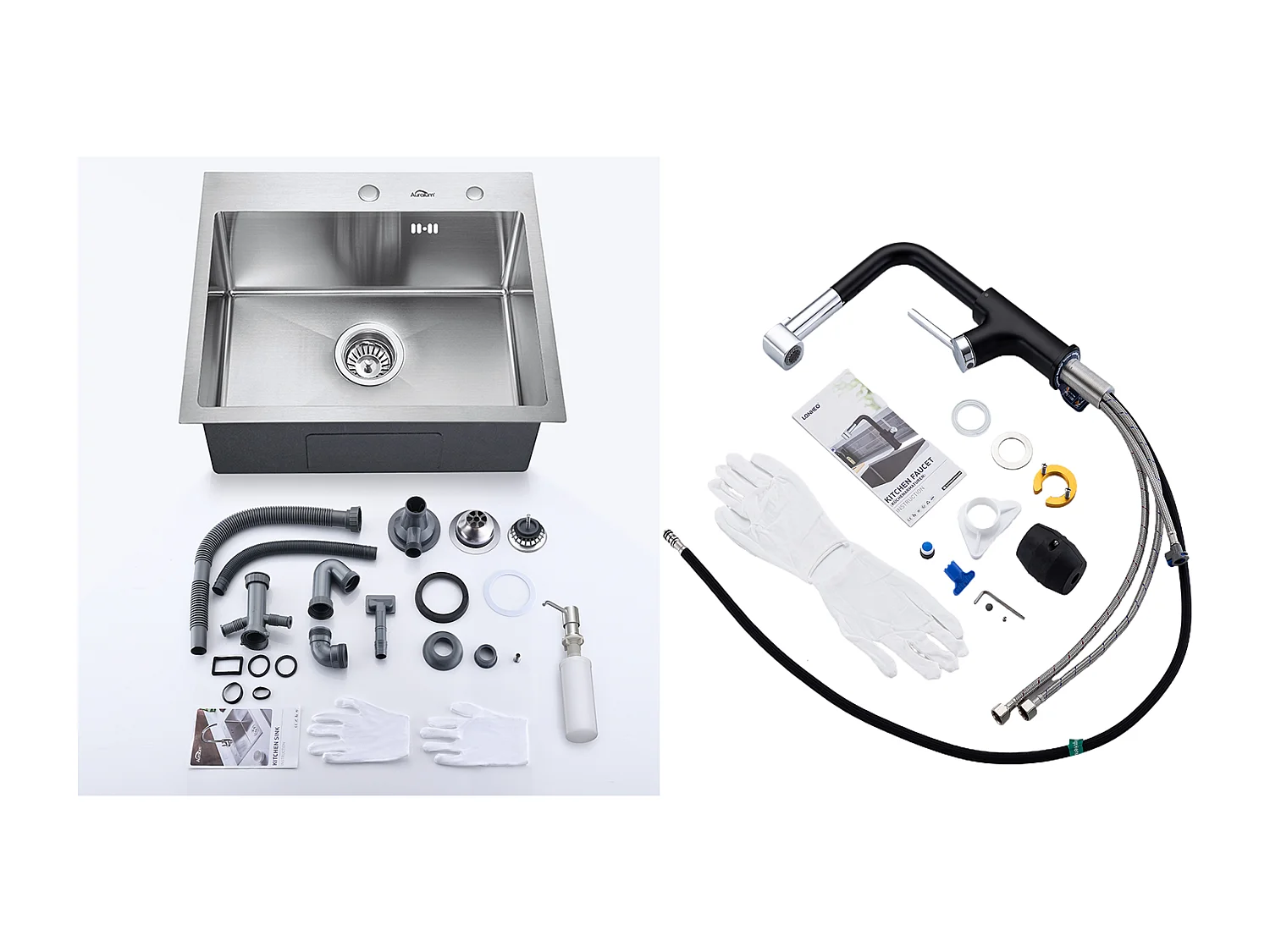 Évier Cuisine 1 Bac 55*45CM Évier Encastré et à Poser avec Distributeur de Savon + Robinet de Cuisine Inox Extractible Rotatif à 360 ° 