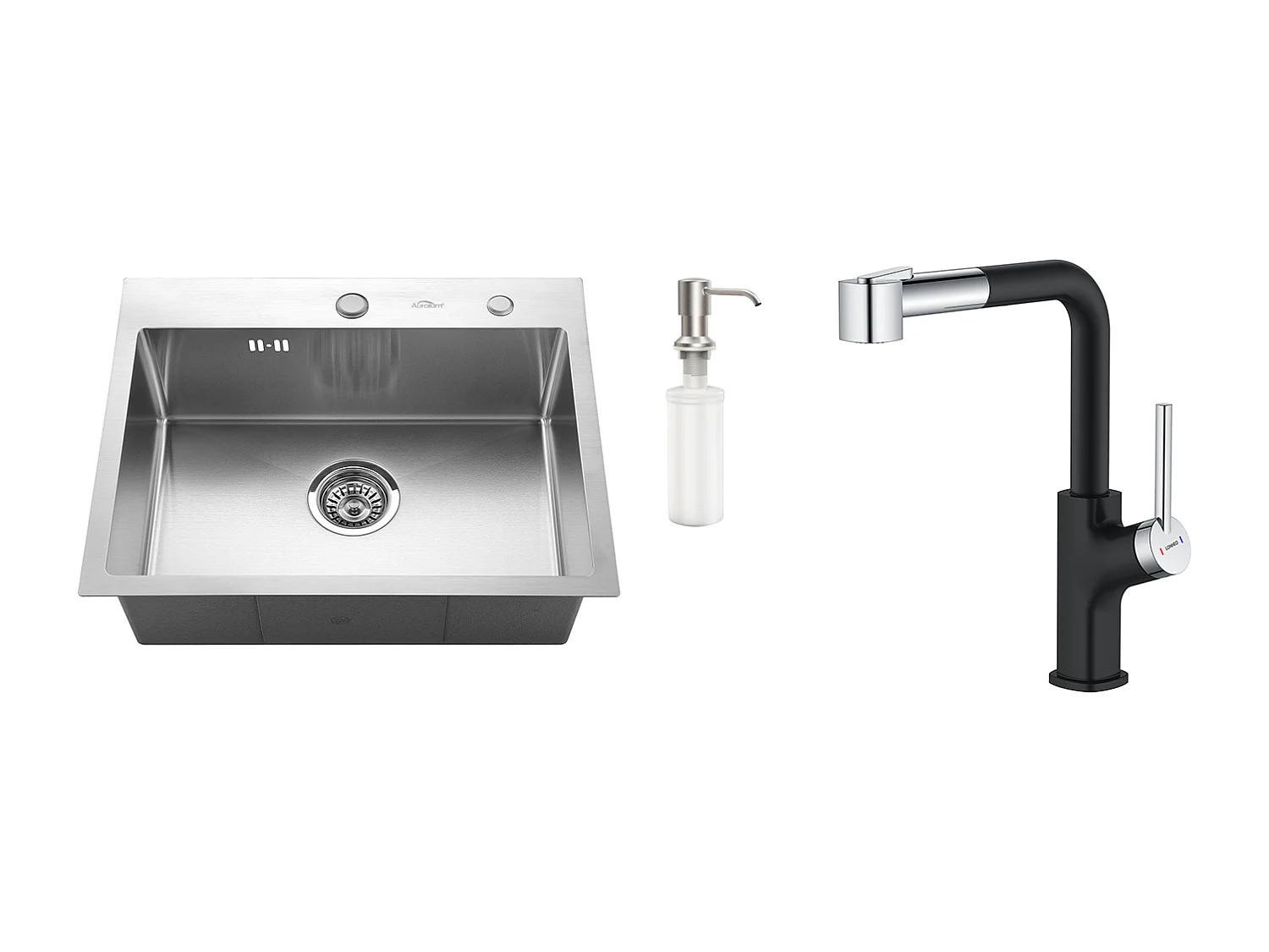 Aanrecht 1 Bak 55*45CM Inbouw- en Opbouwspoelbak met Zeepdispenser + RobiKeukennet RVS Uittrekbaar 360 ° Draaibaar