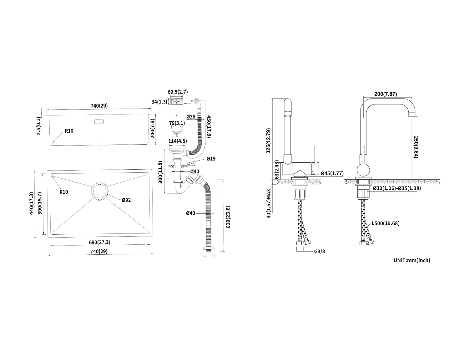 Lonheo Max Aanrecht 1 Bak 74*44*20CM, in geborsteld roestvrij staal met sifon en overloop + keukenkraan Uittrekbare douchekop Donkergrijs 360 ° roterend