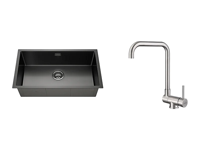 LonheoMax Lavello Cucina 1 Vassoio 74*44*20CM,Inox Spazzolato con Sifone e Troppo pieno+Rubinetto Cucina Doccia Estraibile Grigio Scuro Rotante 360 °