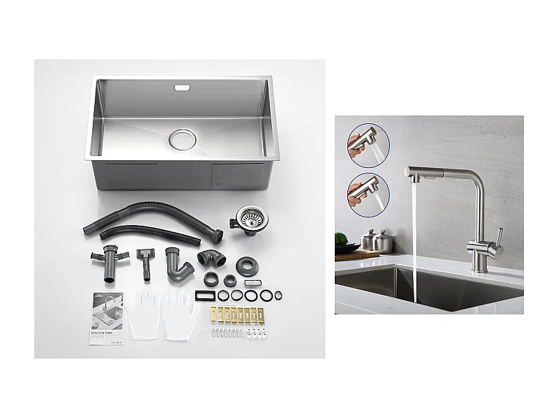 Fregadero Cocina 1 Bandeja 74*44*20CM 304 Inox Fregadero Cepillado con SifónY Trop-Plein+Grifo Cocina Ducha Extraíble Dos Jets Giratorio 360°