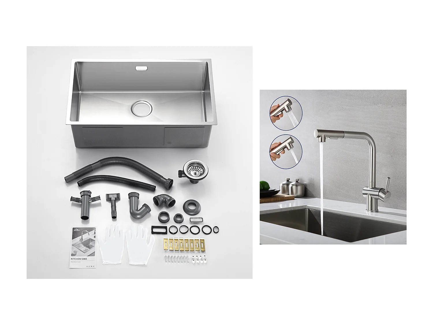 Évier Cuisine 1 Bac 74*44*20CM 304 Inox Évier Brossé avec Siphon et Trop-Plein+Robinet Cuisine Douchette Extractible Deux Jets Pivotant 360°