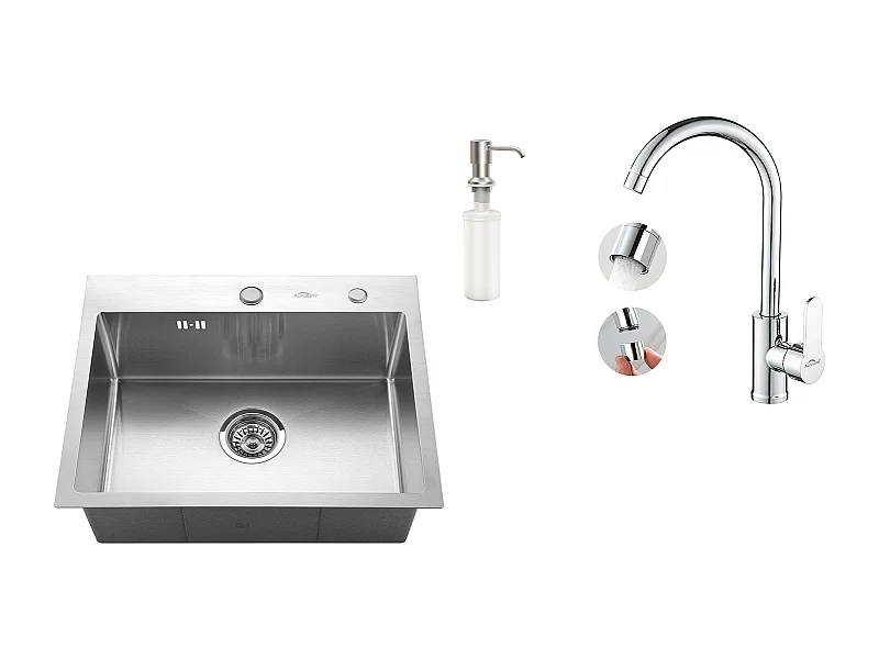 Fregadero Cocina 1 Bandeja 55*45CM Fregadero Empotrado/de Poner con Dispensador de Jabón+RobinY Cocina giratoria de 360°, cromado