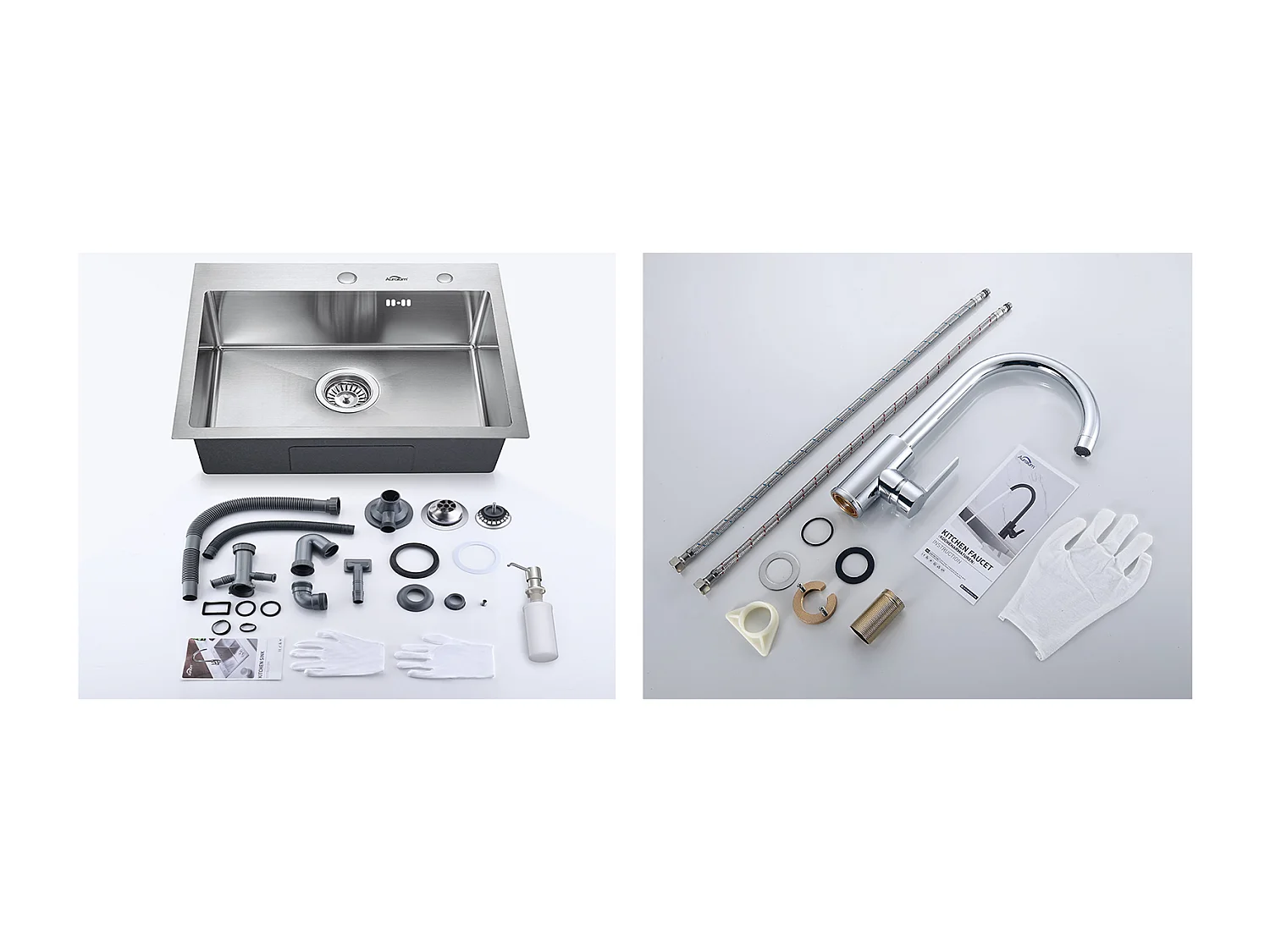 Fregadero Cocina 1 Bandeja 55*45CM Fregadero Empotrado/de Poner con Dispensador de Jabón+RobinY Cocina giratoria de 360°, cromado