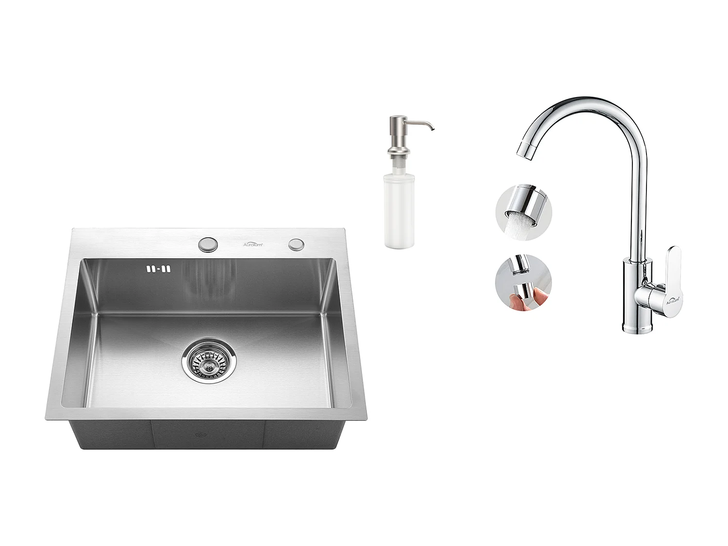 55 x 45 cm Einzelbecken-Küchenspüle, Unterbau-/Aufsatzspüle mit Seifenspender + 360° schwenkbarer Küchenhahn mit Warm-/Kaltwasser, Chrom