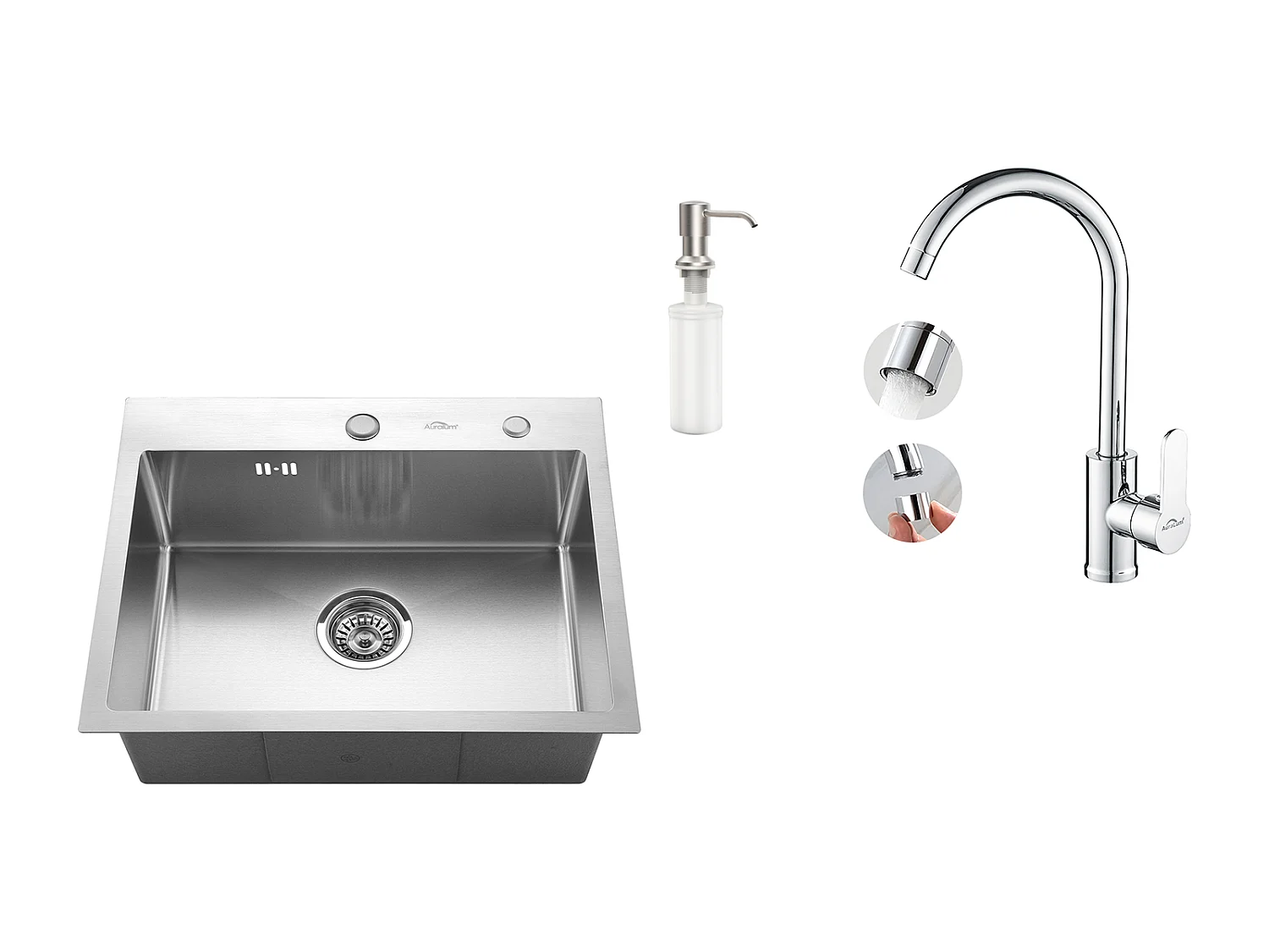 Aanrecht 1 bak 55*45CM Inbouw/opbouw spoelbak met zeepdispenser+ 360° draaibare keukenkraan met warm/koud water, verchroomd