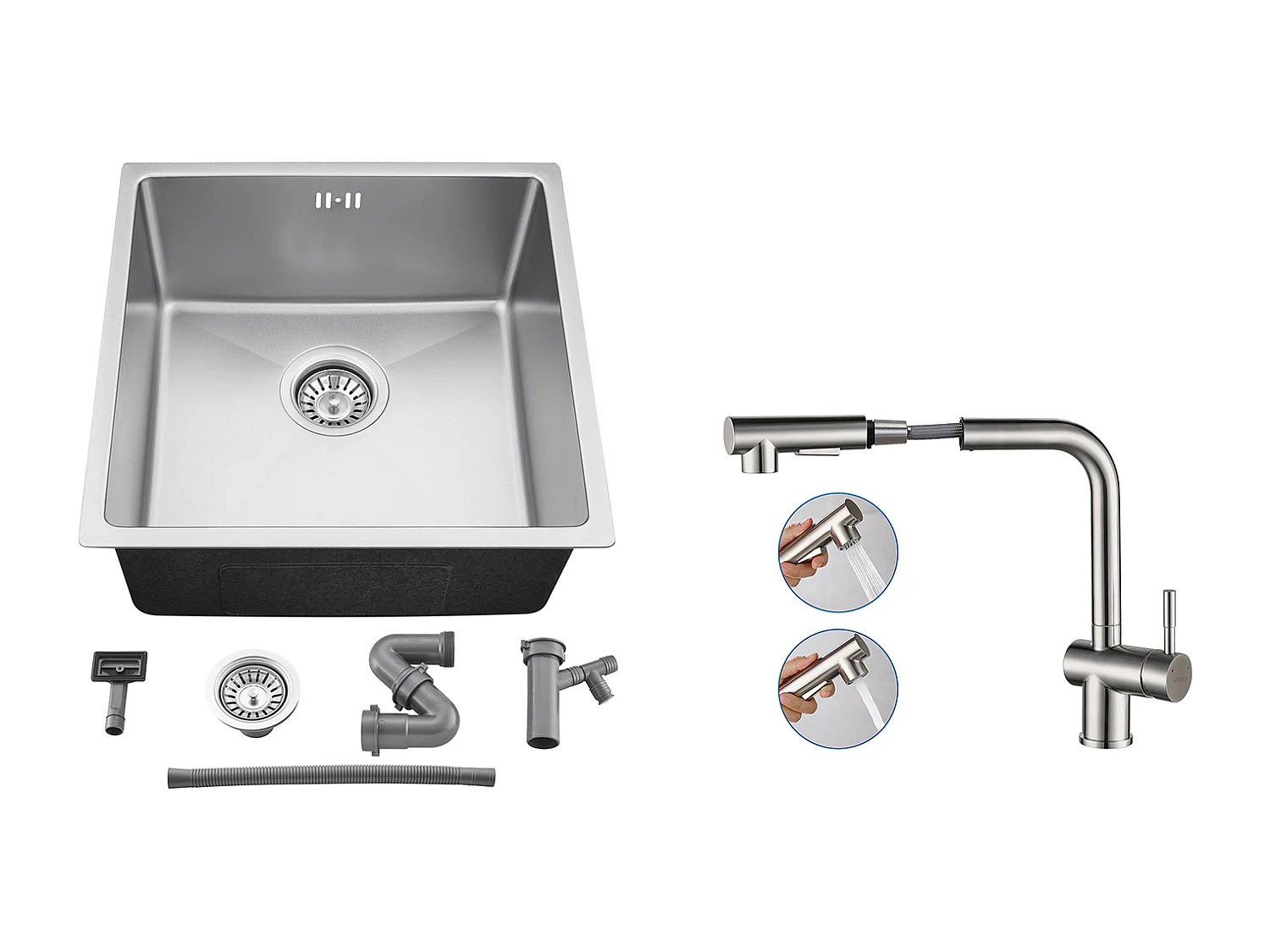 Évier Encastré 44x44x20CM- Évier de Cuisine 1 Bac en Acier Inoxydable 304,Argent+Robinet Cuisine Douchette Extractible Deux Jets Pivotant 360°