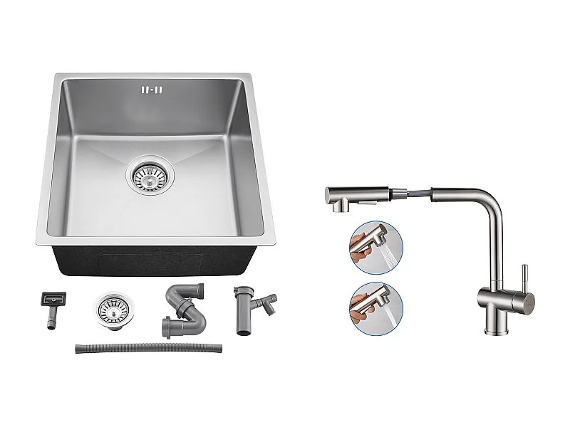 44 x 44 x 20 cm Einbauspüle - Einzelbecken-Küchenspüle aus Edelstahl 304, Silber + Küchenarmatur mit ausziehbarer Brause und zwei um 360° schwenkbaren Düsen