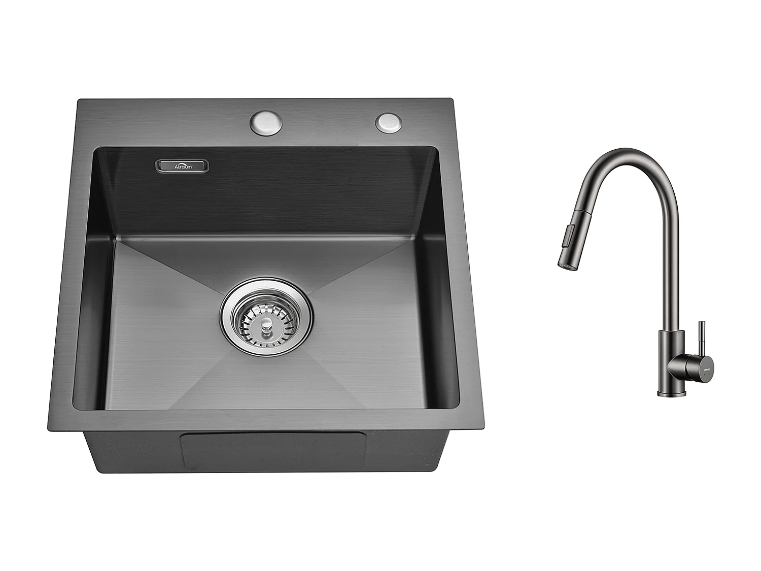 Aanrecht Keuken Zwart 1 Bak 45x45CM Roestvrij Staal 304 , Inbouw en Opzetbaar + Keukenkraan Uittrekbare Handdouche Donkergrijs 360 ° Roterend