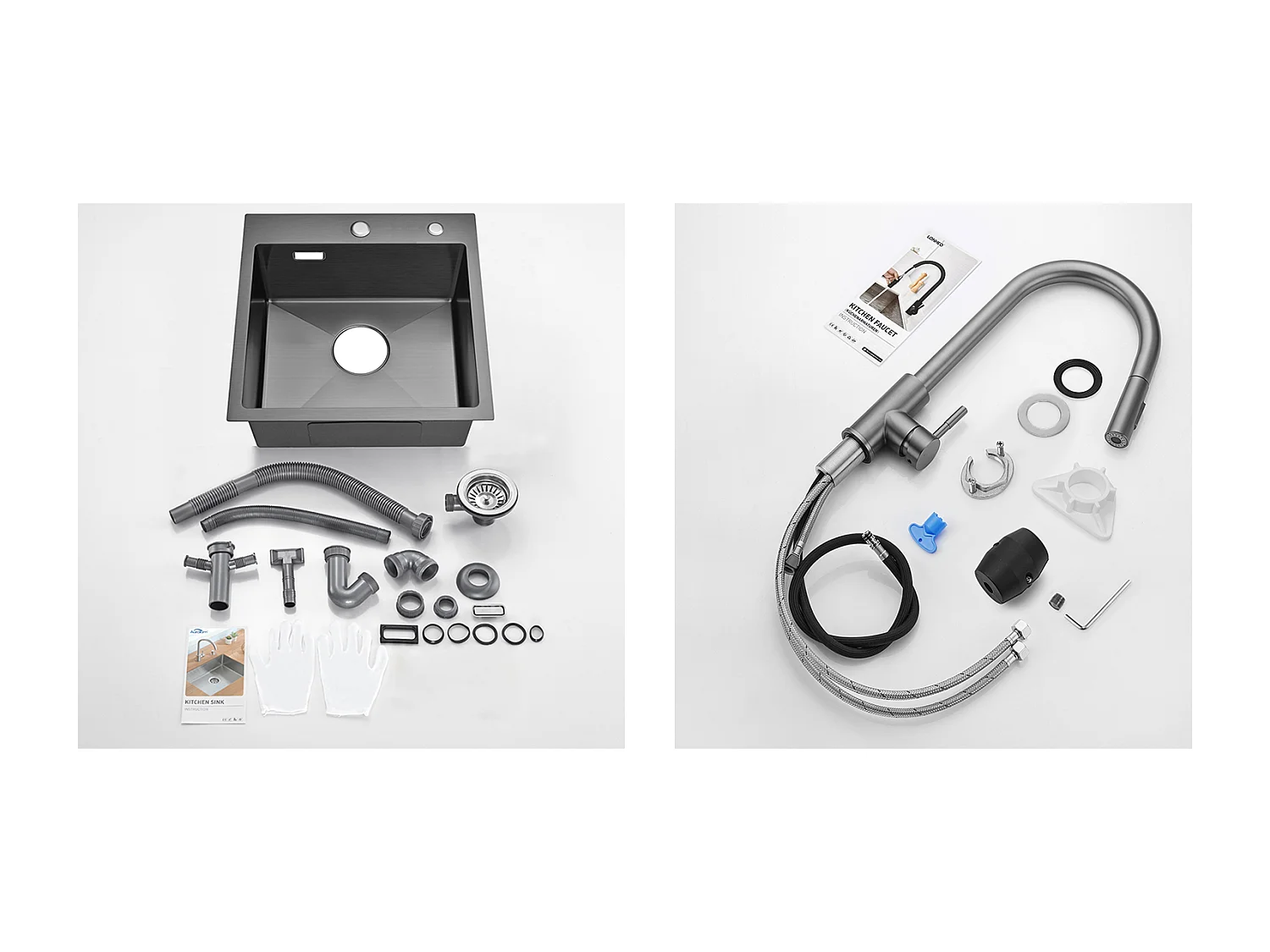 Aanrecht Keuken Zwart 1 Bak 45x45CM Roestvrij Staal 304 , Inbouw en Opzetbaar + Keukenkraan Uittrekbare Handdouche Donkergrijs 360 ° Roterend