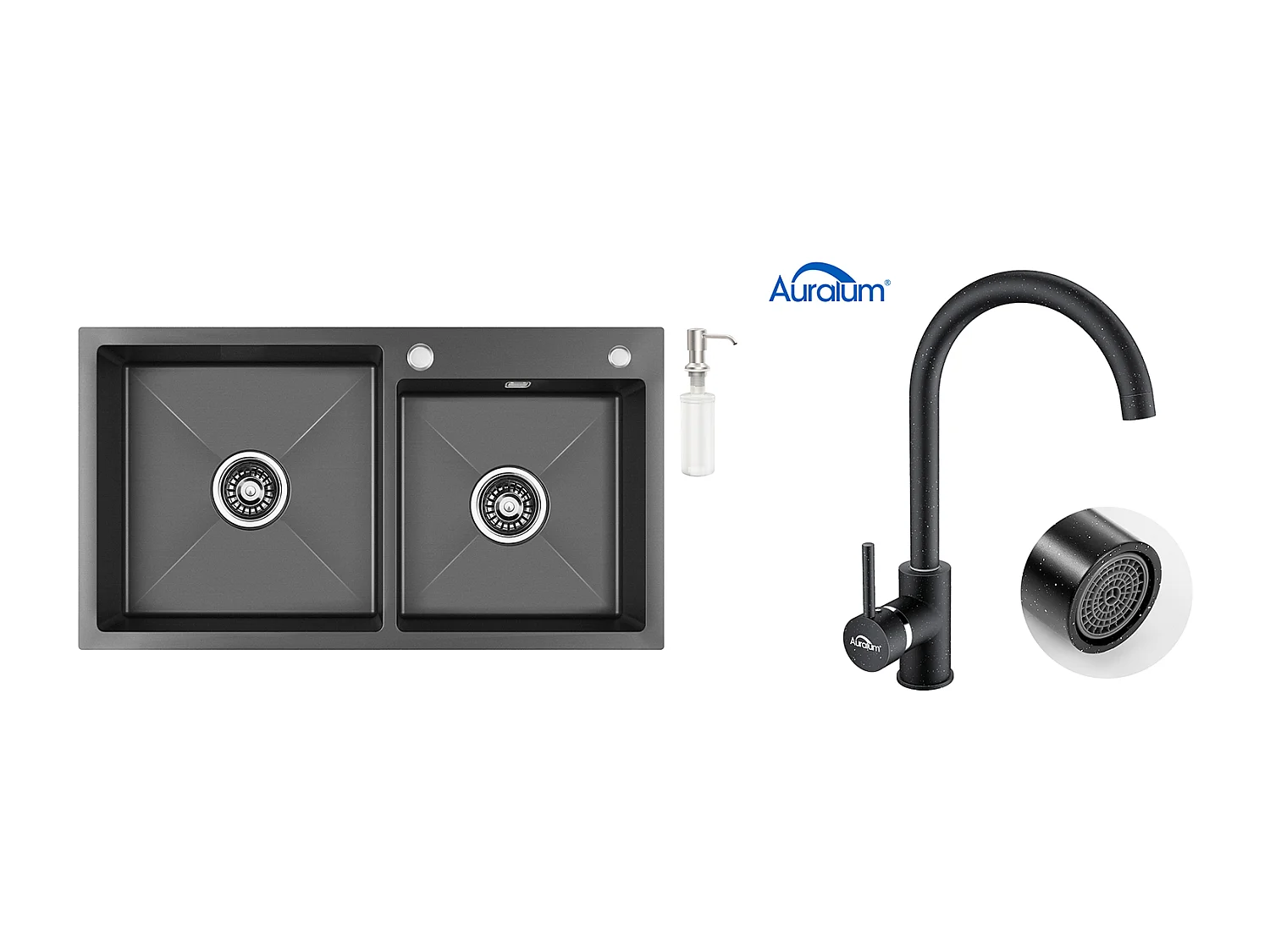 2 in 1 Küchenspüle 2 Becken, Schwarz, 75x45x19cm, Einbau-/Aufsatzspüle mit Seifenspender + 360° drehbarer Küchenarmatur, Weiß mit schwarzen Punkten