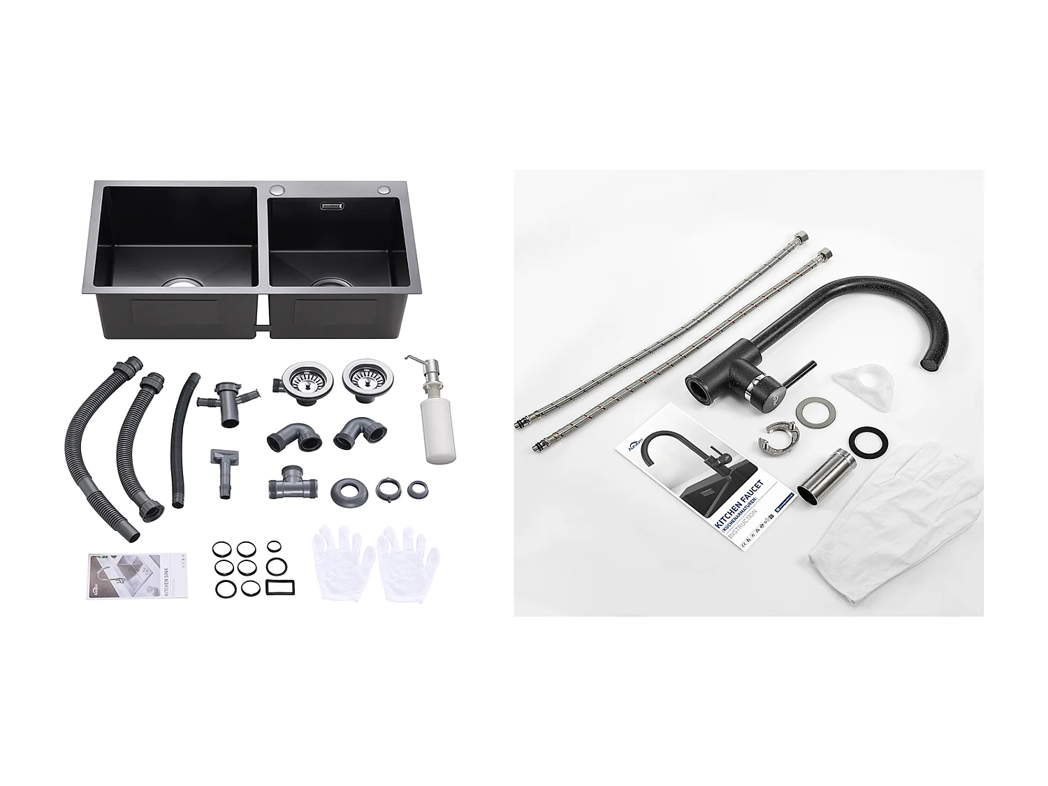 2 in 1 Küchenspüle 2 Becken, Schwarz, 75x45x19cm, Einbau-/Aufsatzspüle mit Seifenspender + 360° drehbarer Küchenarmatur, Weiß mit schwarzen Punkten