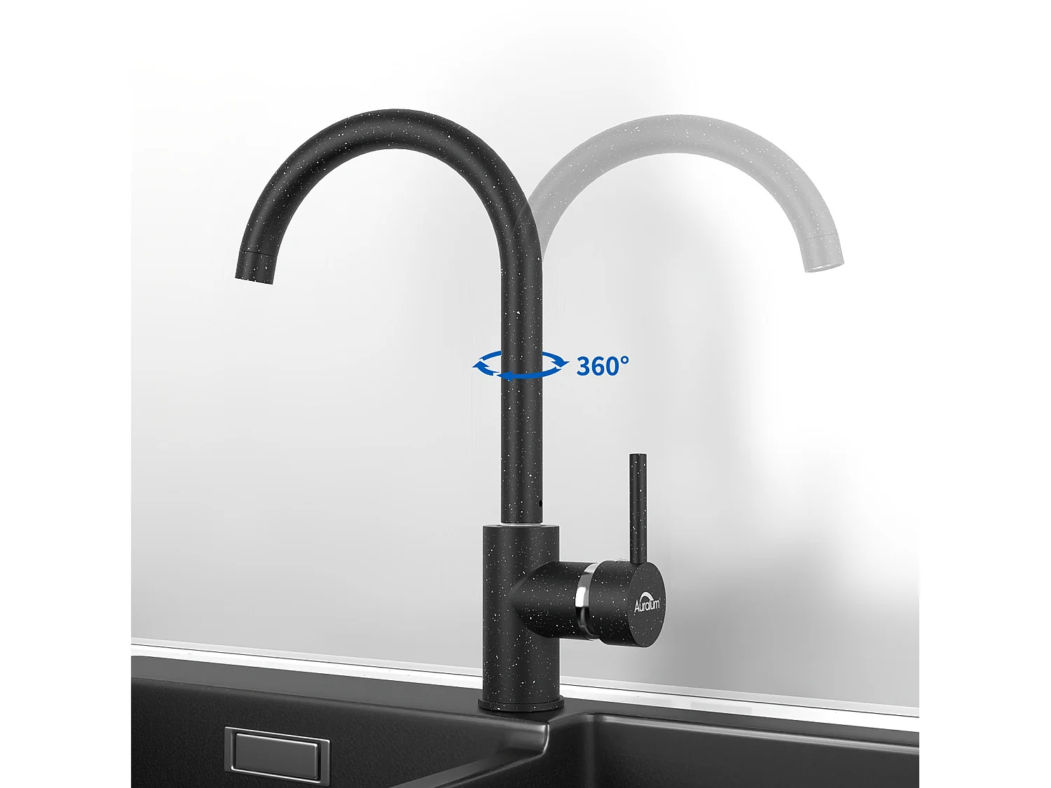 2 in 1 Aanrecht 2 Bakken, Zwart,75x45x19cm, Inbouw/ Opzetbaar met Zeepdispenser + 360° Draaibare Keukenkraan, Wit met zwarte stippen