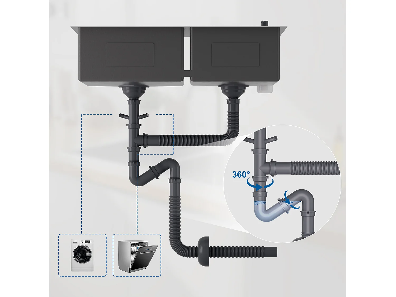 2 in 1 Aanrecht 2 Bakken, Zwart,75x45x19cm, Inbouw/ Opzetbaar met Zeepdispenser + 360° Draaibare Keukenkraan, Wit met zwarte stippen