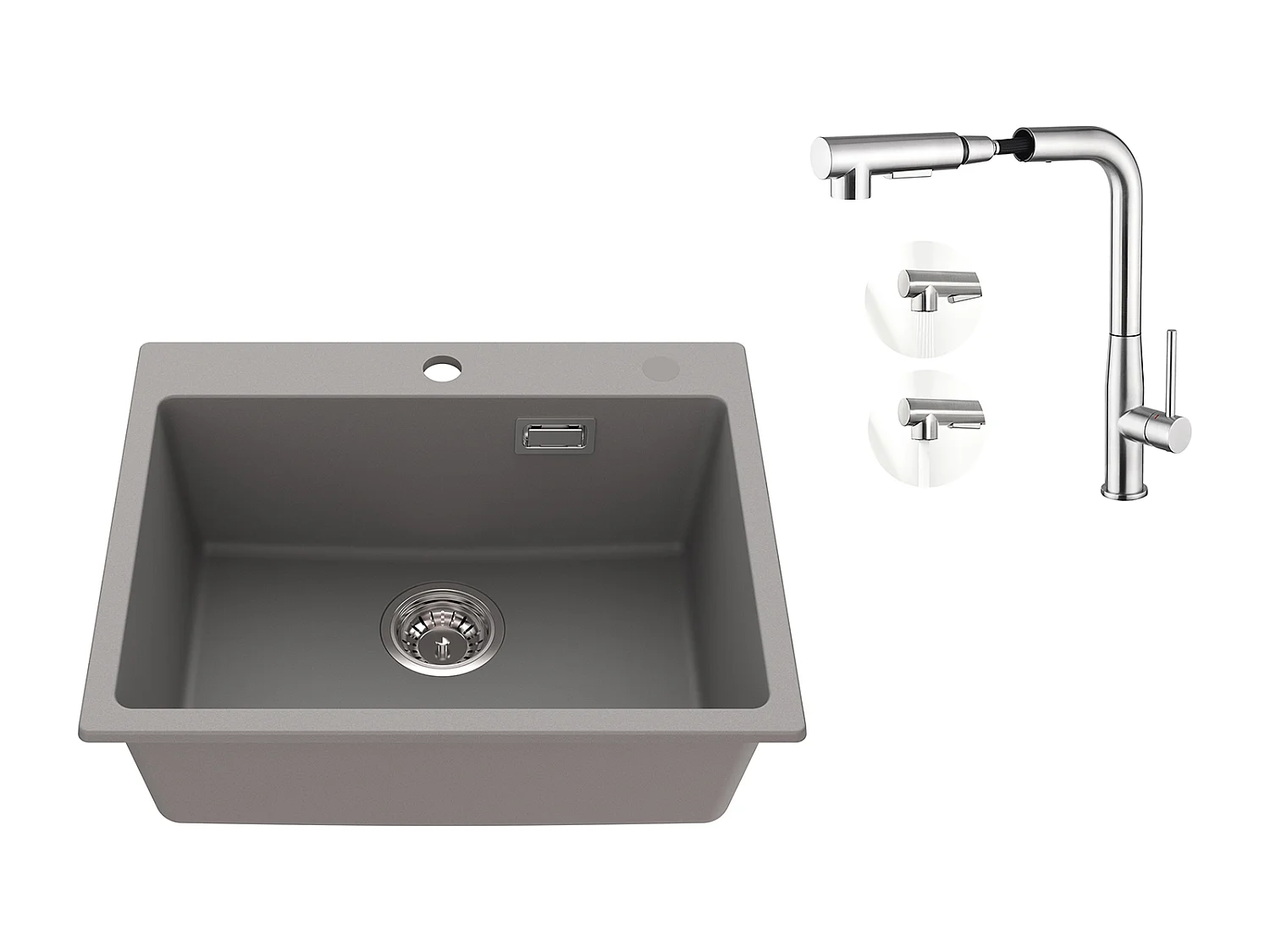 1 Bac Évier Cuisine en Granit,55*45*20cm,Kit de Vidage,Gris+Mitigeur Cuisine avec Douchette Extractible Rotatif 360°,Brossé