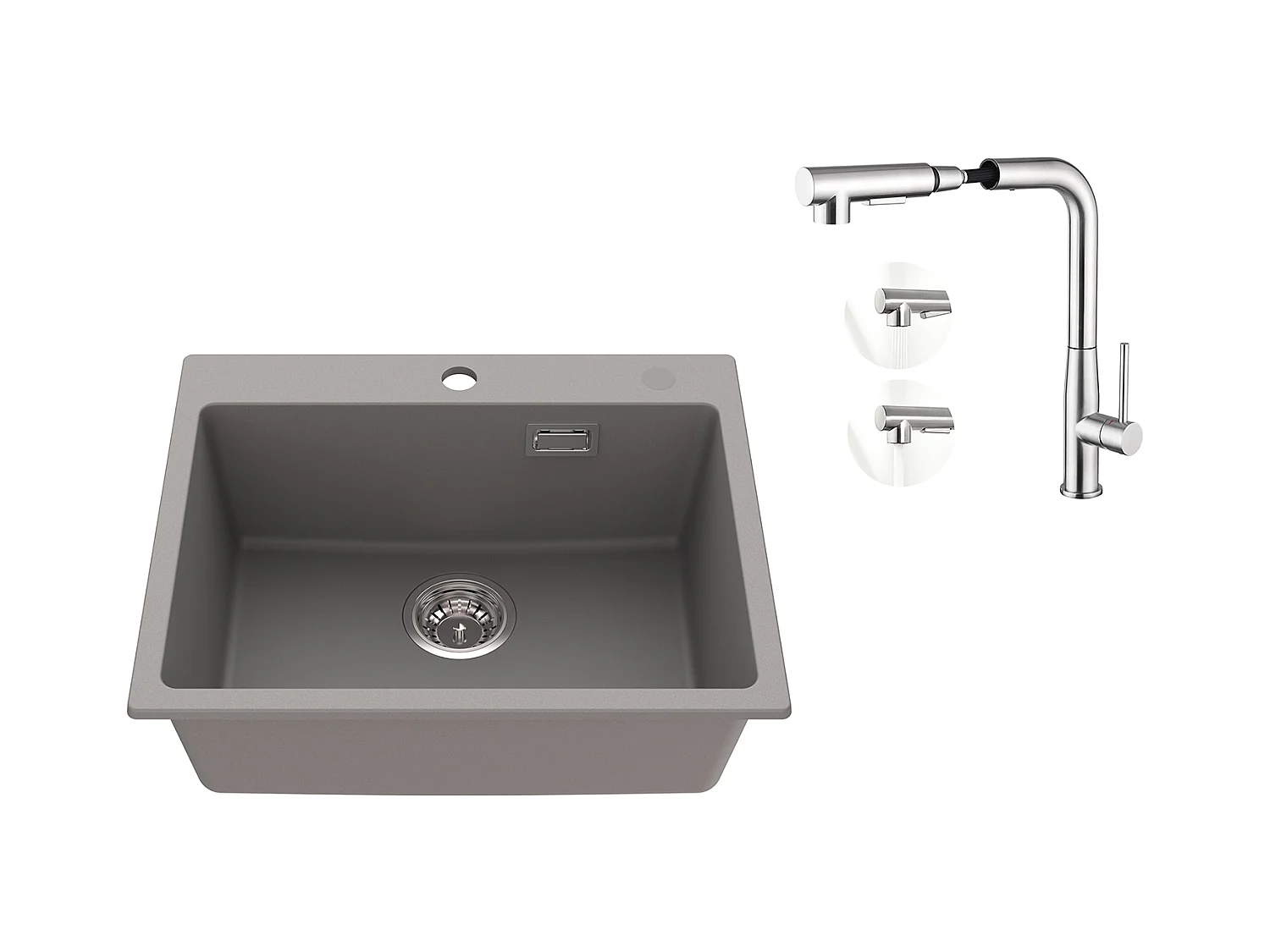 1 Bac Évier Cuisine en Granit,55*45*20cm,Kit de Vidage,Gris+Mitigeur Cuisine avec Douchette Extractible Rotatif 360°,Brossé
