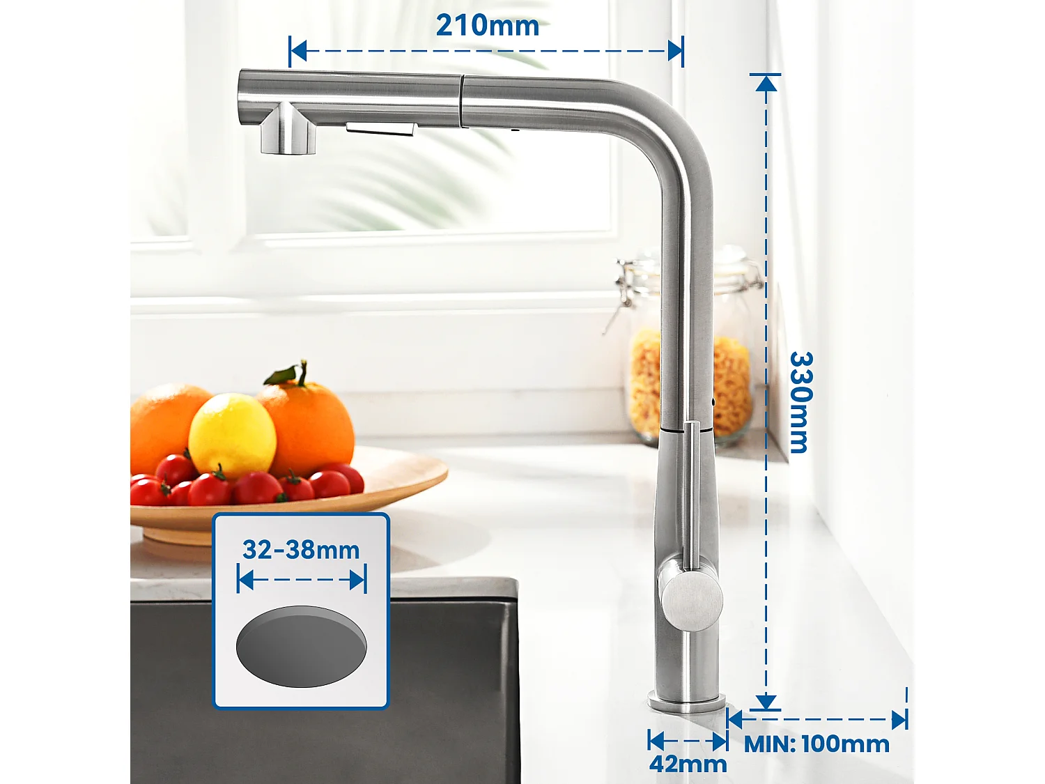 1 Bac Évier Cuisine en Granit,55*45*20cm,Kit de Vidage,Gris+Mitigeur Cuisine avec Douchette Extractible Rotatif 360°,Brossé