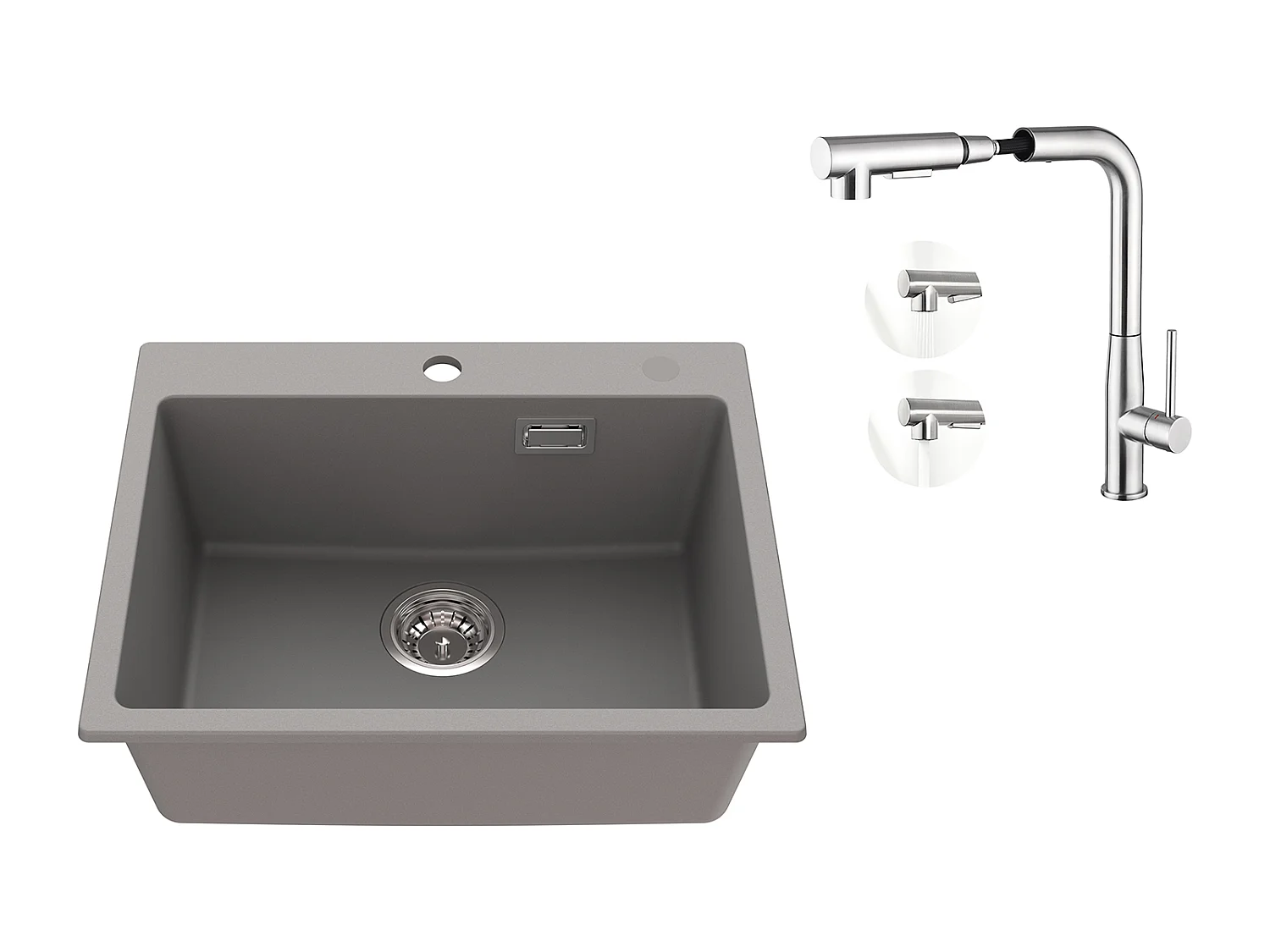 1 Bac Évier Cuisine en Granit,55*45*20cm,Kit de Vidage,Gris+Mitigeur Cuisine avec Douchette Extractible Rotatif 360°,Brossé