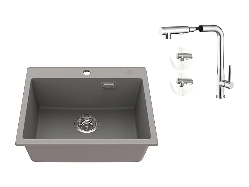 1 Bac Évier Cuisine en Granit,55*45*20cm,Kit de Vidage,Gris+Mitigeur Cuisine avec Douchette Extractible Rotatif 360°,Brossé