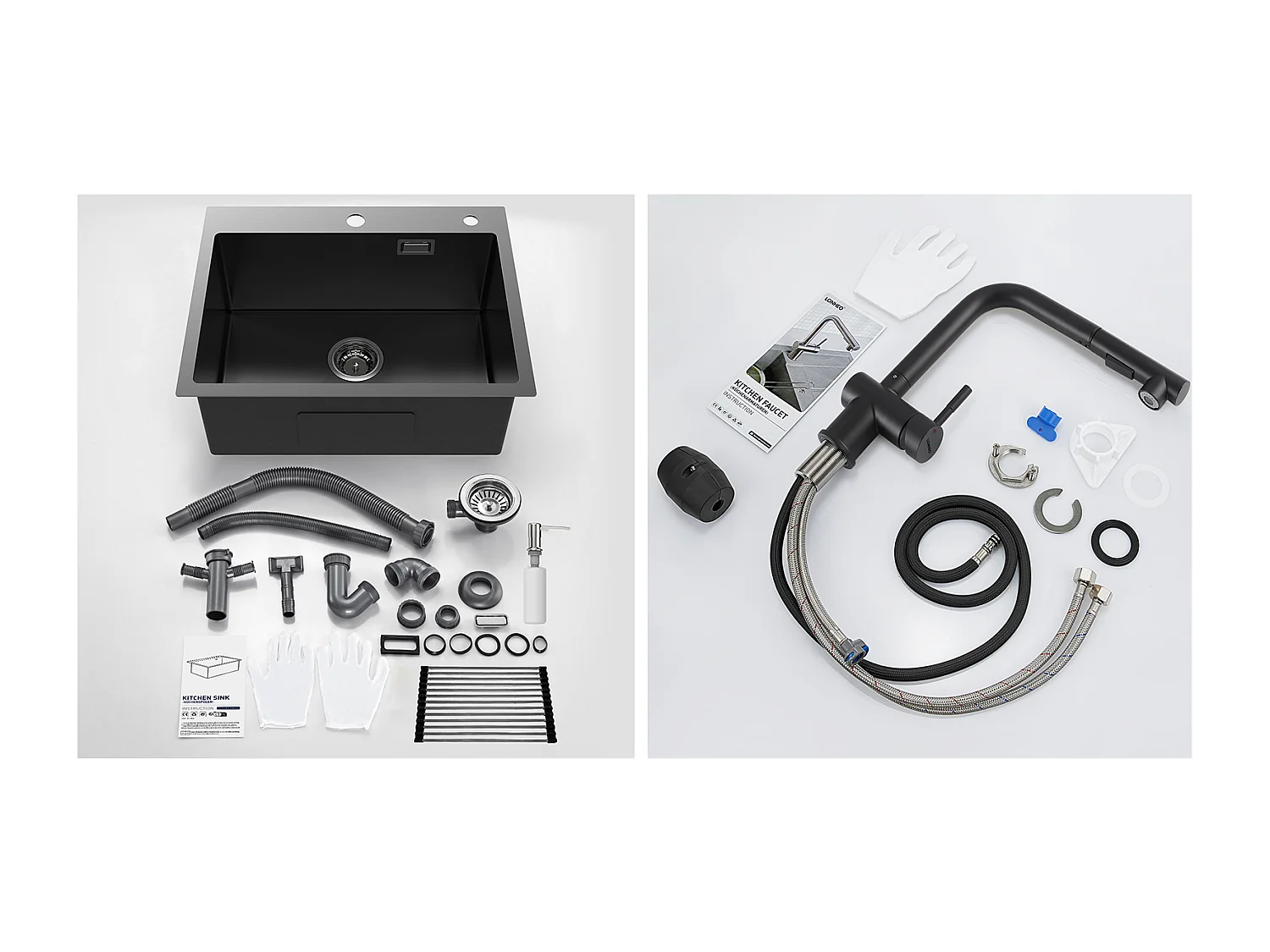 Aanrecht 1Bak Zwart 58*45*18CM,met EgOprolbare gootsteen/Zeepdispenser+Kran Keukenkraan Uittrekbare Handdouche Twee Stralen ,Zwart