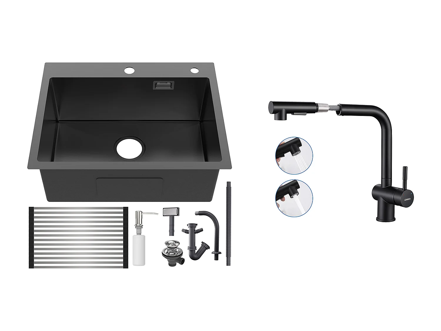 Aanrecht 1Bak Zwart 58*45*18CM,met EgOprolbare gootsteen/Zeepdispenser+Kran Keukenkraan Uittrekbare Handdouche Twee Stralen ,Zwart