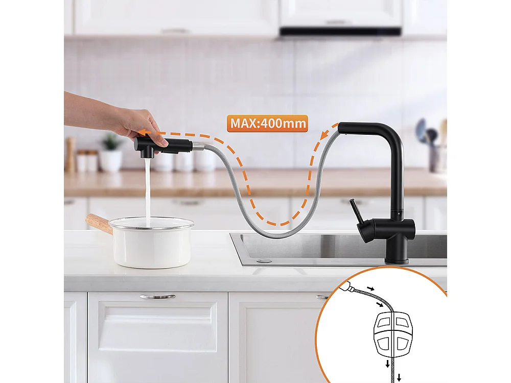 Aanrecht 1Bak Zwart 58*45*18CM,met EgOprolbare gootsteen/Zeepdispenser+Kran Keukenkraan Uittrekbare Handdouche Twee Stralen ,Zwart