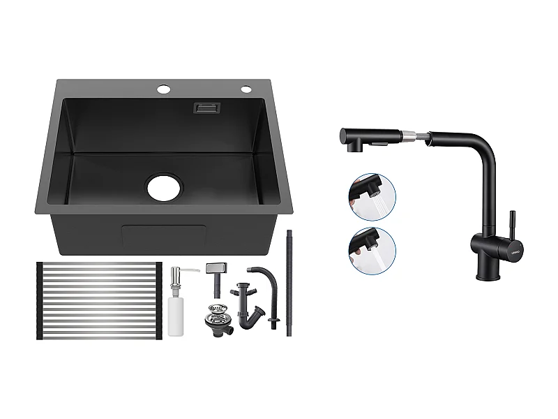 Évier Cuisine1Bac Noir 58*45*18CM,avec Egouttoir évier Enroulable/Distributeur Savon+Robinet Cuisine Douchette Extractible Deux Jets ,Noir