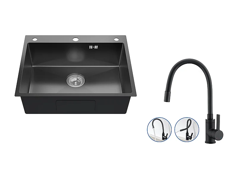 Auralum max Lavello cucina incasso,1 Vasca,60*49*20CM,Acciaio inossidabile 304,Nero+Miscelatore Lavello Becco Flessibile,Rubinetto Cucina Ripiegabile