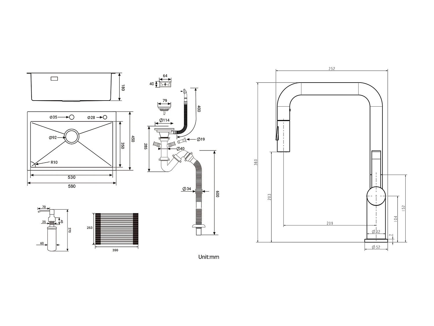 1 Becken, gebürstetes Küchenspülbecken, 58 x 45 x 18 cm, aufrollbare Abtropffläche, Seifenspender + Küchenarmatur mit ausziehbarer Brause, 2 Funktionen, Chrom