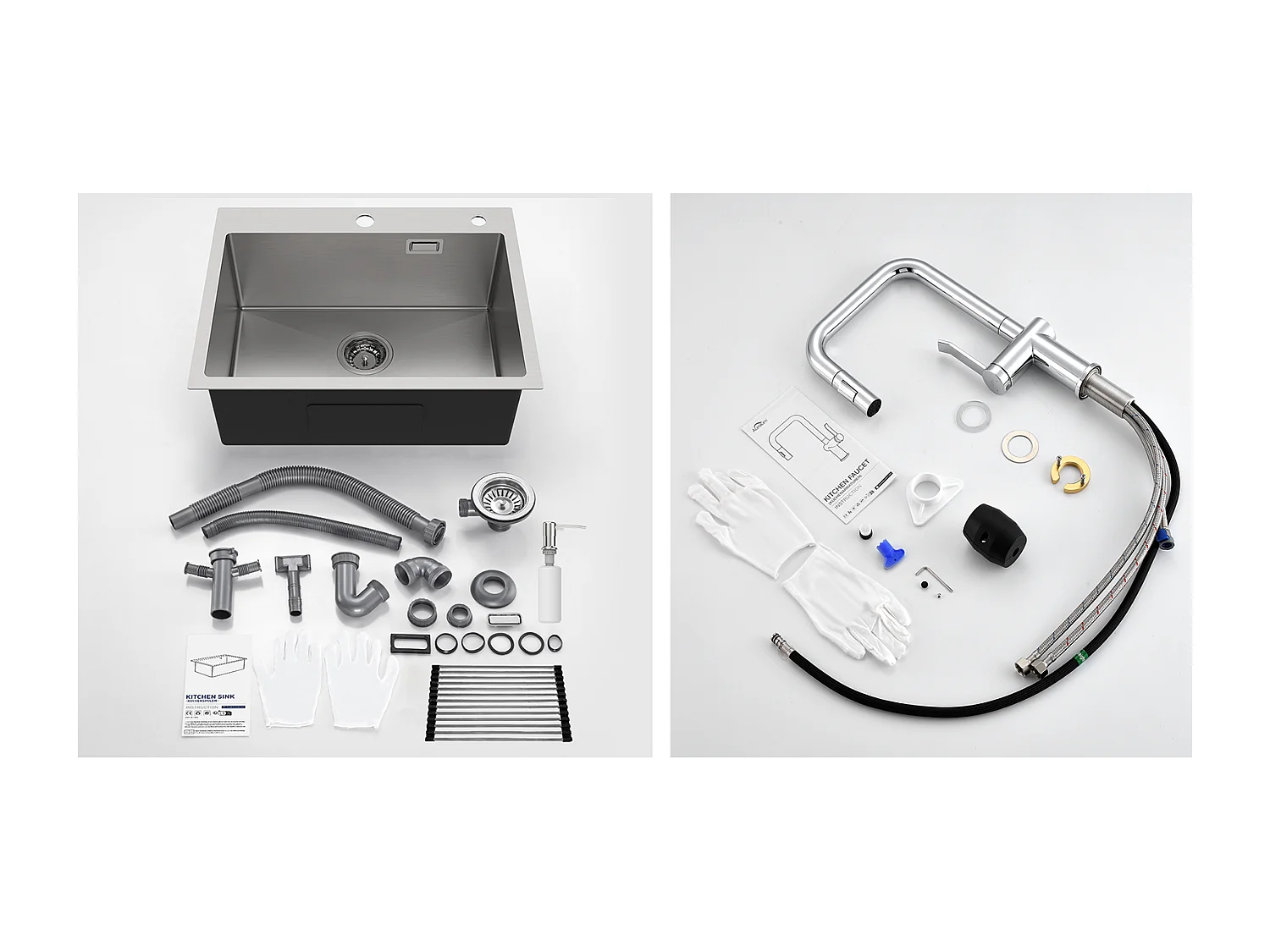 1 Becken, gebürstetes Küchenspülbecken, 58 x 45 x 18 cm, aufrollbare Abtropffläche, Seifenspender + Küchenarmatur mit ausziehbarer Brause, 2 Funktionen, Chrom