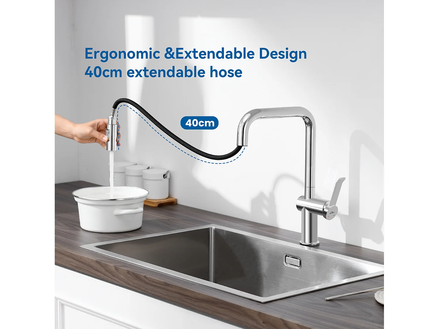 1 Becken, gebürstetes Küchenspülbecken, 58 x 45 x 18 cm, aufrollbare Abtropffläche, Seifenspender + Küchenarmatur mit ausziehbarer Brause, 2 Funktionen, Chrom