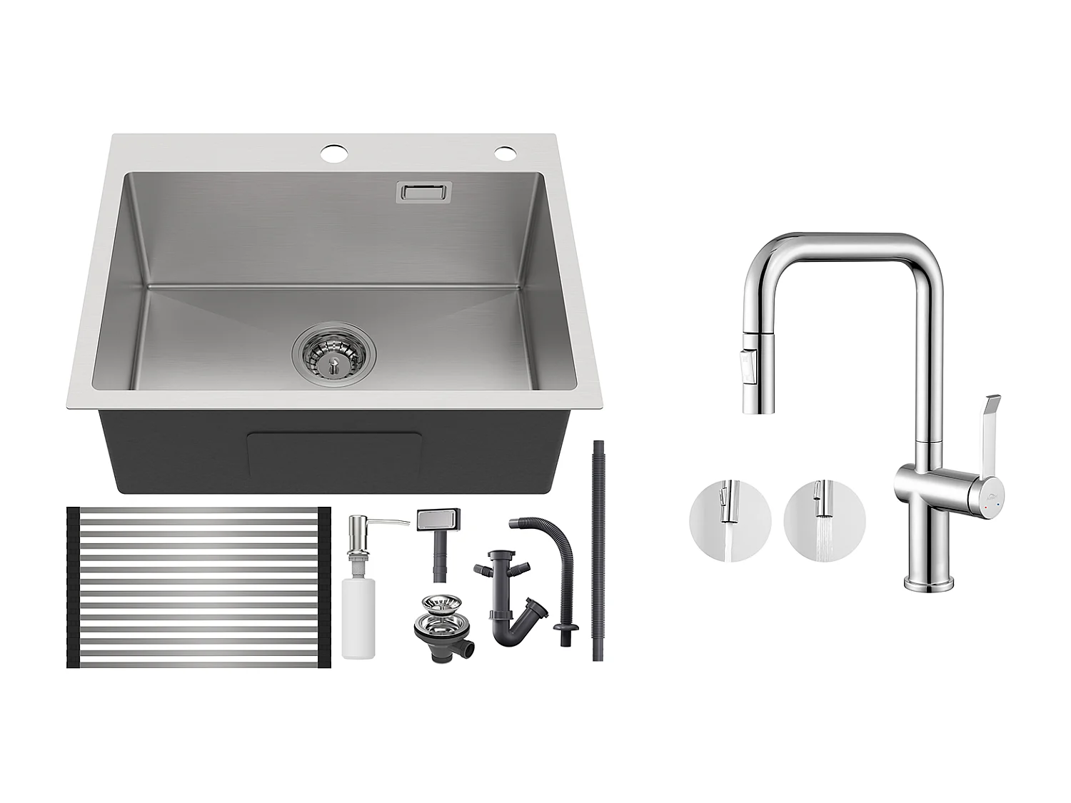 Kootsteen1 Geborstelde Bak, 58*45*18CM, Oprolbare Afdruiprek, Zeepdispenser + Keukenkraan met Uittrekbare Handdouche, 2 Functies, Verchroomd