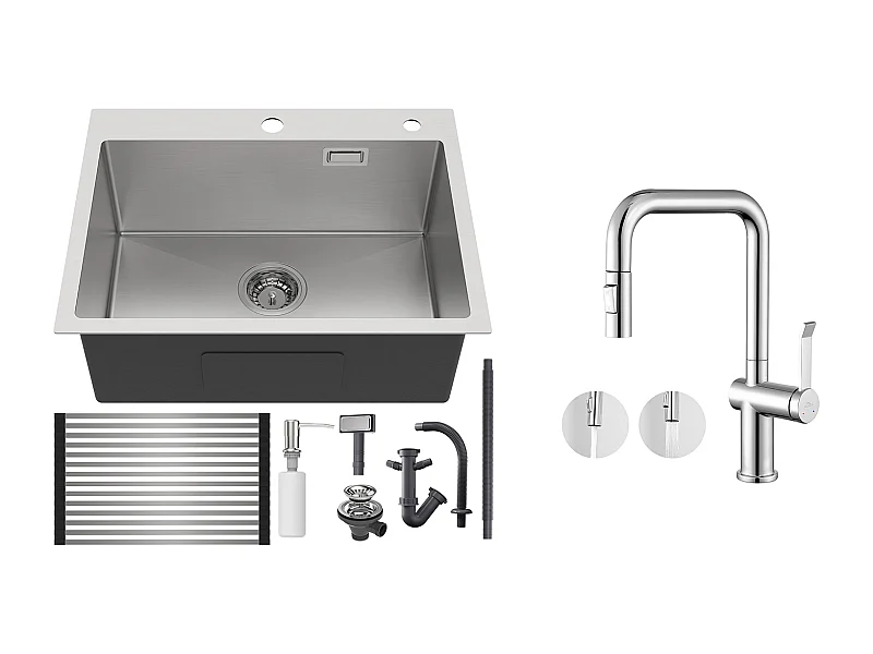 Kootsteen1 Geborstelde Bak, 58*45*18CM, Oprolbare Afdruiprek, Zeepdispenser + Keukenkraan met Uittrekbare Handdouche, 2 Functies, Verchroomd